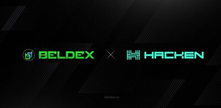A sleek promotional graphic featuring the Beldex and Hacken logos side by side, with "BELDEX" in green on the left and "HACKEN" in teal on the right, separated by a cross symbol, illustrating the cybersecurity partnership highlighted in the post about Beldex's new bridge undergoing penetration testing by Hacken prior to launch.