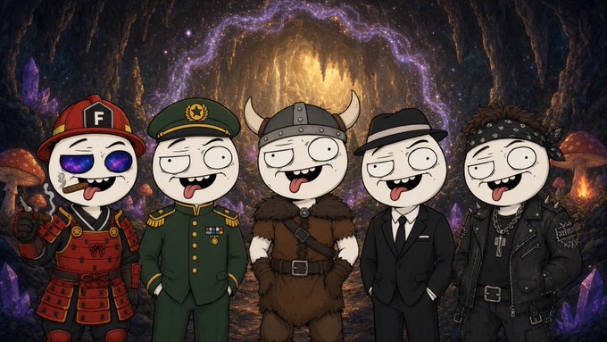 Five cartoonish stick-figure characters with meme-style faces stick their tongues out while dressed in various costumes including a firefighter, military officer, Viking, suit, and rock/metal outfit, set against a fantasy cave background.