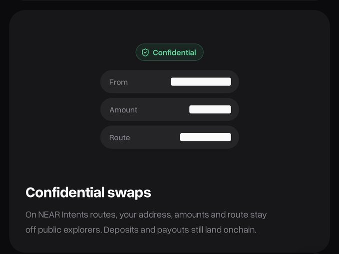 A dark-themed interface displays a 'Confidential swaps' feature with fields for From, Amount, and Route, noting 'On NEAR Intents routes, your address, amounts and route stay off public explorers.'