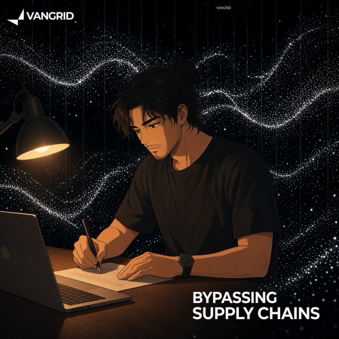 An illustration titled 'BYPASSING SUPPLY CHAINS' shows a man writing at a desk with a laptop and lamp, branded with the 'VANGRID' logo.