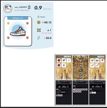 A mobile app screen showing user 'user_4200092' with level 0.9 and a profile featuring a red and black sneaker NFT, along with smaller thumbnail previews of NFT marketplace listings at the bottom.
