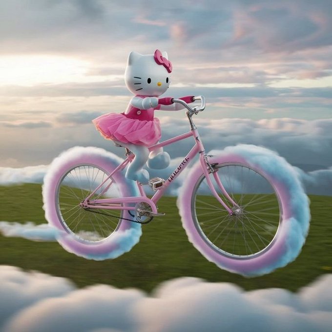 A surreal image of Hello Kitty wearing a pink tutu riding a pink bicycle through clouds.