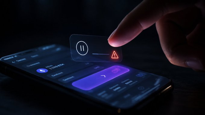 A finger hovers over a smartphone screen displaying a music player interface, with a holographic overlay showing pause and warning icons, set against a dark background.