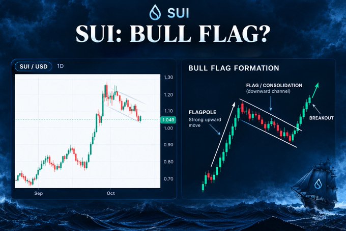 A financial chart titled "SUI: BULL FLAG?" showing the SUI/USD daily price action alongside a diagram illustrating the components of a bullish flag technical pattern.