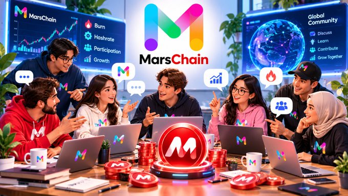 A promotional graphic for 'MarsChain' showing a diverse group of people gathered around laptops with the MarsChain logo, surrounded by charts and community-themed text like 'Burn', 'Hashrate', and 'Global Community'.