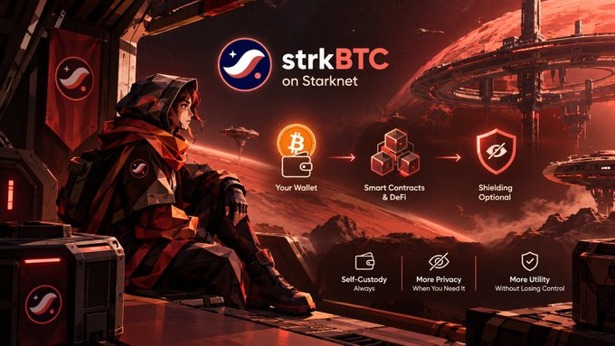 A promotional graphic for 'strkBTC on Starknet' featuring a futuristic character and icons for wallet, smart contracts, and shielding options.