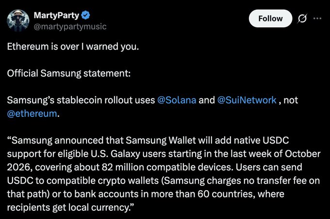 A tweet from MartyParty (@martypartymusic) stating "Ethereum is over I warned you," along with an official Samsung statement indicating their stablecoin rollout uses Solana and Sui Network rather than Ethereum.