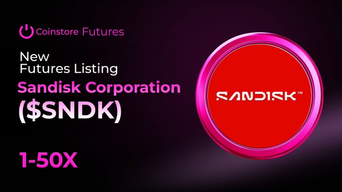 A promotional graphic from Coinstore Futures announces the new listing of the Sandisk Corporation ($SNDK) futures contract, available with 1-50x leverage. The image features a red SanDisk logo on the right side, visually supporting the post's announcement of SNDK/USDT perpetual contracts with up to 50x leverage.