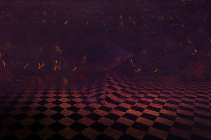 A dark, atmospheric image of a checkered floor leading to a raised platform, with floating embers or sparks scattered across the dim, reddish scene.