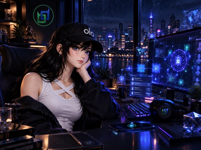 An anime-style illustration of a young woman wearing a black cap with the text 'olo' and a white top, sitting at a desk with a computer displaying security network graphics and a cityscape visible through the window behind her.