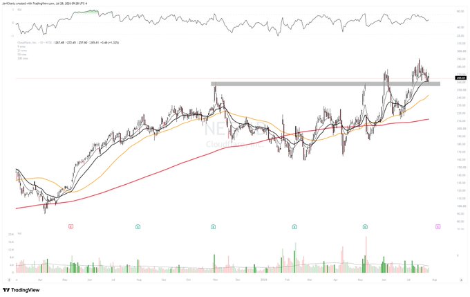 A TradingView daily candlestick chart for Netflix (NFLX) showing the stock price testing a key horizontal resistance level near $260 while trending above its moving averages.
