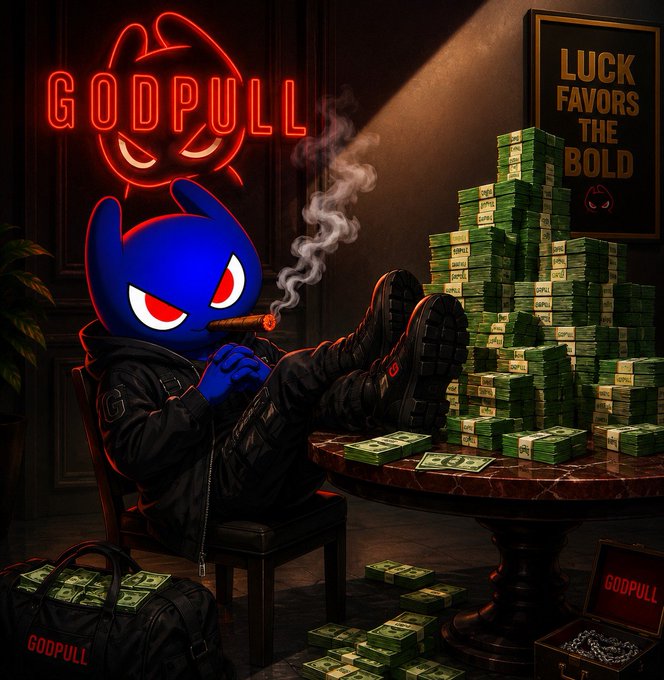 A digital illustration of a blue cartoon rabbit character smoking a cigar with feet up on a table, surrounded by stacks of money, featuring a neon 'GODPULL' sign and a framed poster reading 'LUCK FAVORS THE BOLD'.
