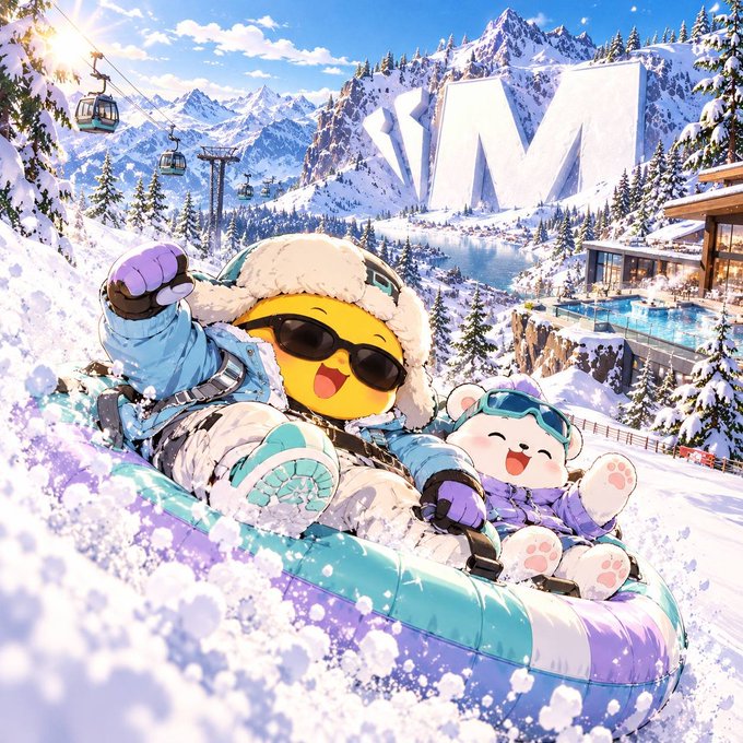 An anime-style illustration of a yellow emoji-like character and a small white bear wearing ski gear, riding a snow tube down a snowy mountain slope with a giant $M logo carved into the mountain.