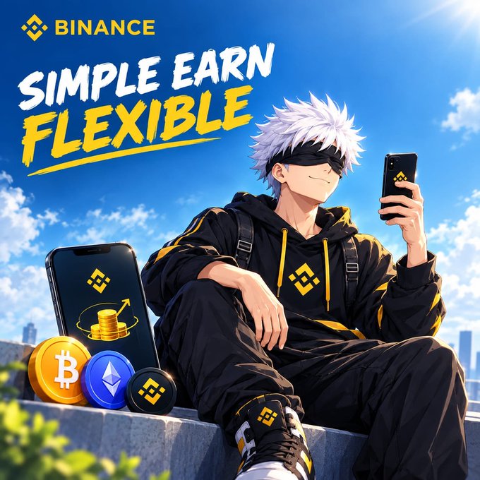 A Binance 'SIMPLE EARN FLEXIBLE' promotional image featuring an anime-style character with white spiky hair and a blindfold sitting outdoors with a phone, surrounded by Bitcoin, Ethereum, and BNB coins.