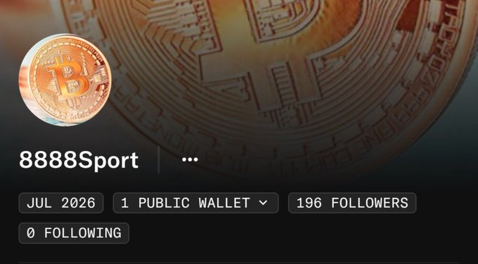 A profile page for "8888Sport" displaying a Bitcoin-themed background, joined July 2026, with 1 public wallet, 196 followers, and 0 following—likely connected to an OpenSea team member as suggested.