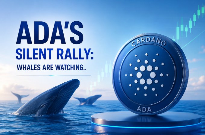 Promotional graphic for Cardano (ADA) featuring a large ADA coin, whales breaching in the ocean, and text 'ADA'S SILENT RALLY: WHALES ARE WATCHING..'.
