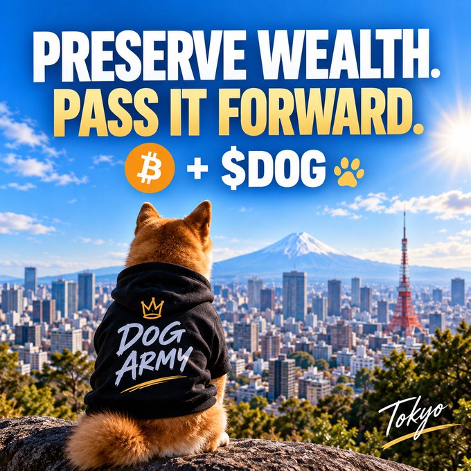 A Shiba Inu dog wearing a 'DOG ARMY' hoodie sits overlooking Tokyo with Mount Fuji and Tokyo Tower in the background, under text reading 'PRESERVE WEALTH. PASS IT FORWARD. ₿ + $DOG' and 'Tokyo'.