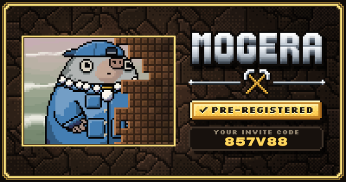 A pre-registration graphic for 'MOGERA' featuring pixel art of a character in blue overalls and a shower cap, with an invite code '857V88'.