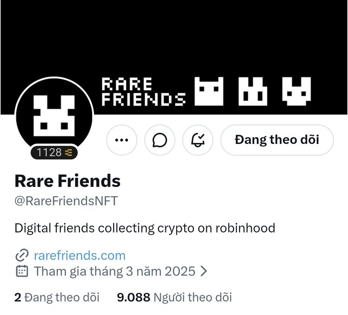An X (Twitter) profile for 'Rare Friends' (@RareFriendsNFT) shows a pixel art crown logo, the description 'Digital friends collecting crypto on robinhood', a website link to rarefriends.com, and account metrics of 9,088 followers joined in March 2025.