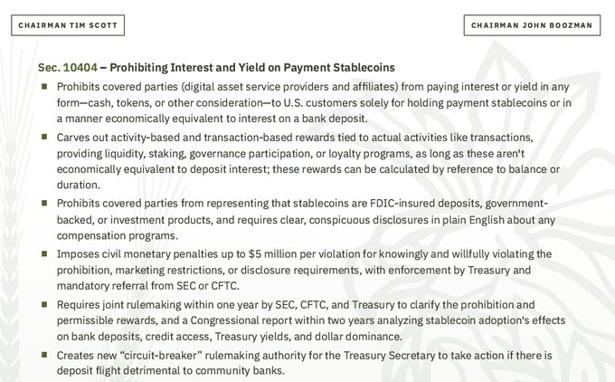 Section 10404 of the Clarity Final Draft, titled "Prohibiting Interest and Yield on Payment Stablecoins," is displayed with header labels for "Chairman Tim Scott" and "Chairman John Boozman." The section outlines prohibitions on covered parties—including digital asset service providers and affiliates—from paying interest or yield to U.S. customers solely for holding payment stablecoins, while allowing certain activity-based rewards, and includes civil monetary penalties up to $5 million per violation, along with a "circuit-breaker" rulemaking authority for the Treasury Secretary.
