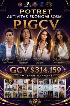 A promotional poster titled 'POTRET AKTIVITAS EKONOMI SOSIAL PIGCV' featuring four people and the text 'GCV $314.159 KAMI TAHU MAKNANYA' along with various smaller images at the bottom.