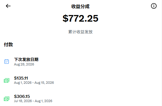 A Chinese-language earnings/payment summary screen showing $772.25 in total cumulative earnings distributed, with next payment date of Aug 28, 2026 and previous payments of $135.11 and $306.15.