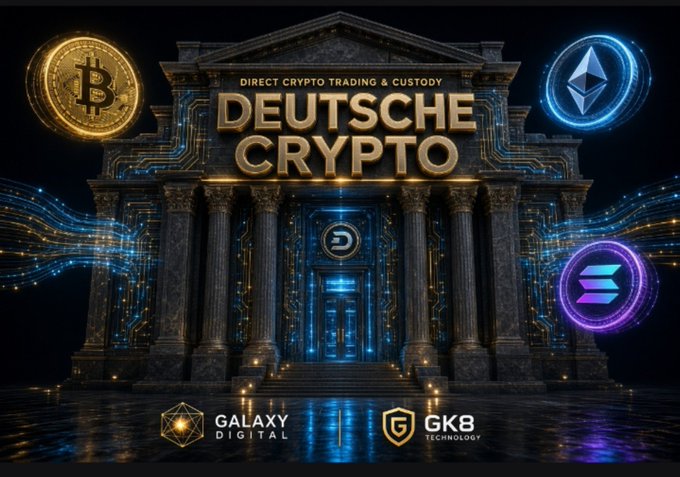 Promotional graphic for 'DEUTSCHE CRYPTO' featuring Direct Crypto Trading & Custody, a temple-like structure flanked by Bitcoin, Ethereum, and Solana logos, with Galaxy Digital and GKB Technology branding.