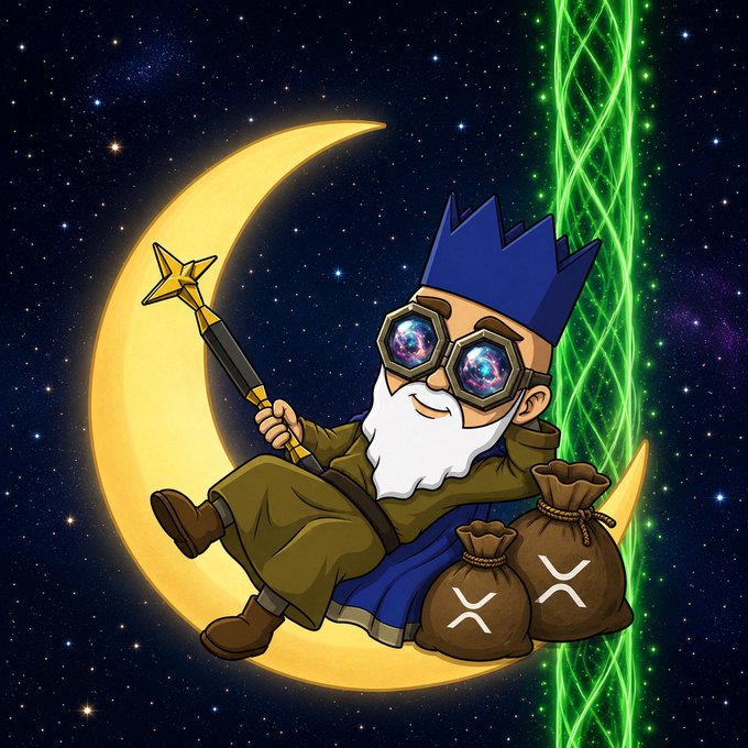 A cartoon illustration depicts a wizard with a white beard wearing galaxy-patterned sunglasses, sitting on a yellow crescent moon while holding a star-tipped wand, with green glowing energy and bags of XRP cryptocurrency beside him.