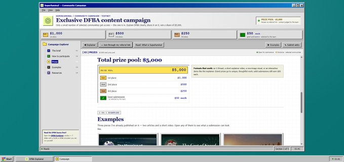 A screenshot of the Superluminal Community Connector website displays an "Exclusive DFBA content campaign" page with a total prize pool of $5,000, broken down into $1,000 for 1st place, $500 for 2nd place, $250 for 3rd place, and $50 for every good submission. The page features an "Examples" section with thumbnails for creative content and includes a task called "EX1: SAMPLES" asking users to publish 4-6 articles and a short video explaining "What DFBA is."