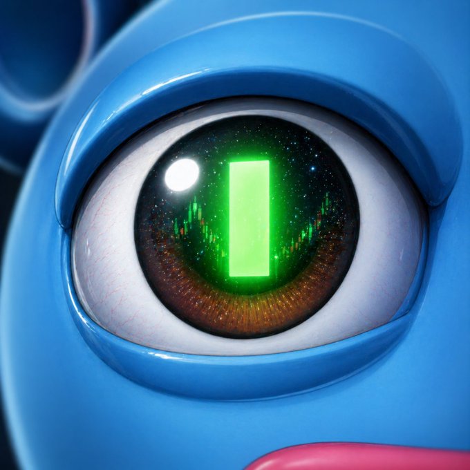 The image features a close-up of an eye with a green square symbol inside, which appears to be a representation of stock market data or financial indicators. The text "BRETT WILL 1000X ON BASE" is also present in the image. This suggests that there might be some connection between the eye and the post on social media platforms.