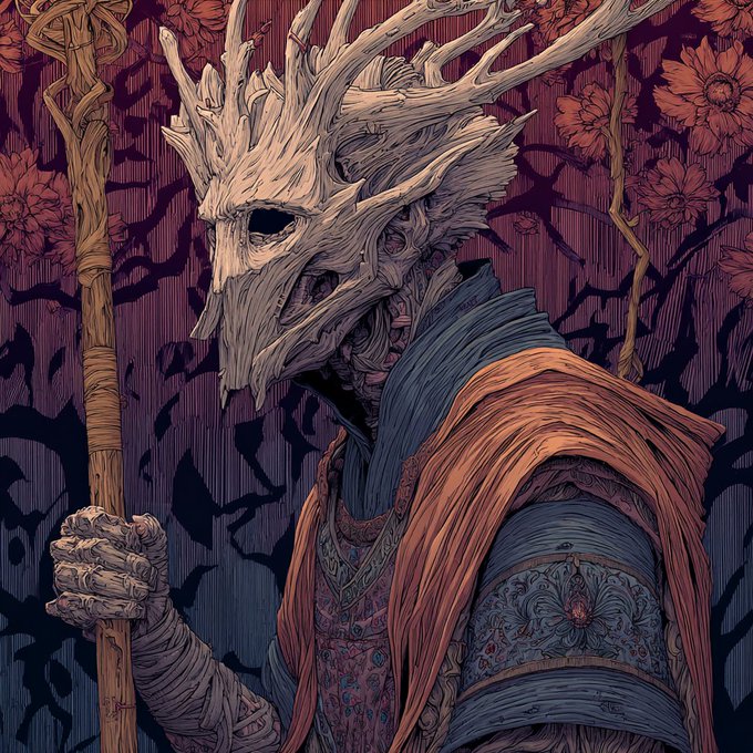 A masked, antlered figure resembling Leshy or a forest guardian holds a staff adorned with floral motifs, set against a backdrop of red flowers and dark branches. The intricate detail and natural symbolism align with the post's theme of growth, community, and the $MfT (famitree) community token.