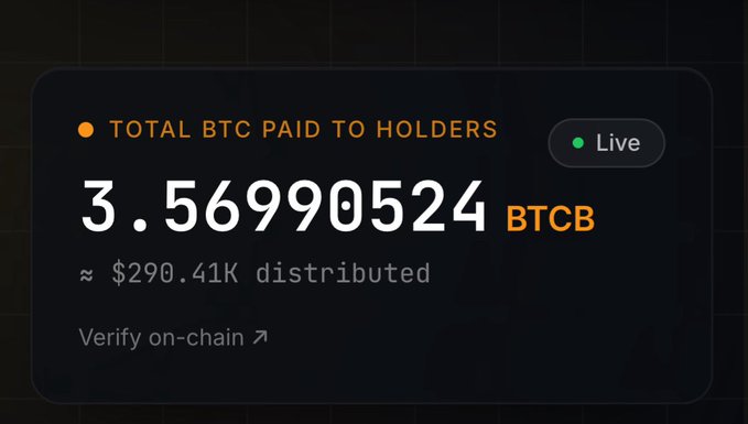 The image displays a live dashboard showing "TOTAL BTC PAID TO HOLDERS" at 3.56990524 BTCB, with approximately $290.41K distributed and an option to "Verify on-chain." This relates to the post by showcasing a token's real Bitcoin dividend payouts to holders—a stock-like yield feature—highlighting how BNB Chain lacks a prominent token representing the dividend-paying stock narrative seen on Robinhood Chain and Solana.