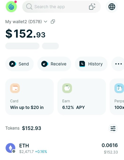 Screenshot of a crypto wallet dashboard showing "My wallet2 (D578)" with a total balance of "$152.93" across tokens, including 0.0616 ETH ($152.33) at $2,471.7 (+0.16%), along with options to Send, Receive, and view History.