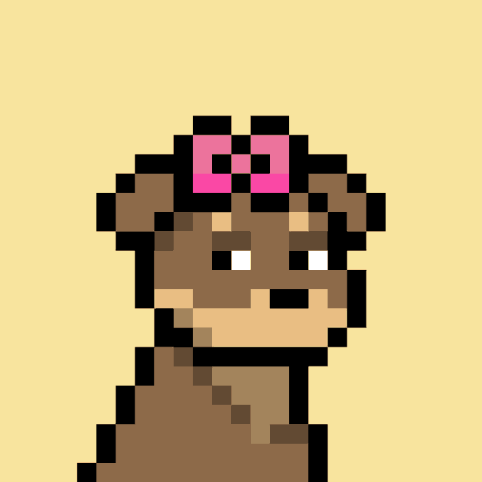 A pixel art style portrait depicts a brown-skinned character with a pink bow on their head against a pale yellow background.