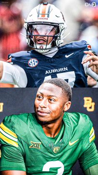 The image shows two college football players: Auburn's Byrum Brown in a navy and orange uniform on top, and Baylor's DJ Lagway in a green jersey (number 2) below. The "AU" and "BU" logos visible in the corners, along with the "AUBURN" text, correspond to the matchup referenced in the post about the upcoming Auburn vs. Baylor game.