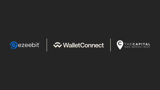 Three logos appear on a dark background: "ezeebit," "WalletConnect," and "The Capital (Hotels | Apartments | Resorts)," visually representing the partnership announced for WalletConnect Pay's launch in South Africa.