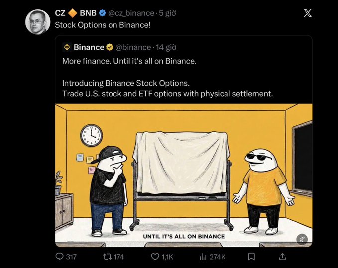 A screenshot of a tweet from CZ (@cz_binance) replying to Binance's announcement of "Stock Options on Binance!" with the tweet "Stock Options on Binance!" The embedded Binance post features the "Until it's all on Binance" meme showing two cartoon characters looking at a covered object, which the accompanying caption relates to as confirming the mascot for bStocks, referencing $Flork and Flap meme tokens.