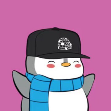 A cartoon penguin wearing a black cap with a skull logo and a blue scarf against a pink background.