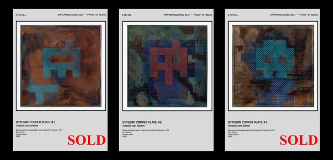 Three pieces of digital artwork titled 'BVEGAN COPPER PLATE #1', '#2', and '#3' are displayed side-by-side, featuring pixel-art designs on textured backgrounds, with the first and third labeled 'SOLD' in red text.