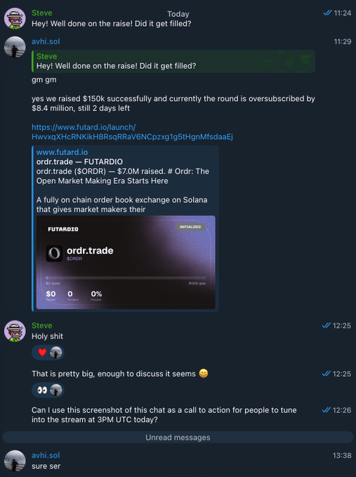 A Telegram chat conversation between Steve and avhi.sol discussing a successful $150k fundraise for FUTARDIO which is oversubscribed by $8.4 million, with Steve asking to use the chat as a call to action.