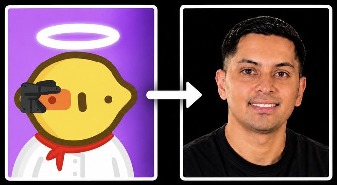 A before-and-after style image showing a cartoon yellow lemon character wearing a VR headset and angel halo on the left, with an arrow pointing to a real photograph of a smiling man with dark hair on the right.