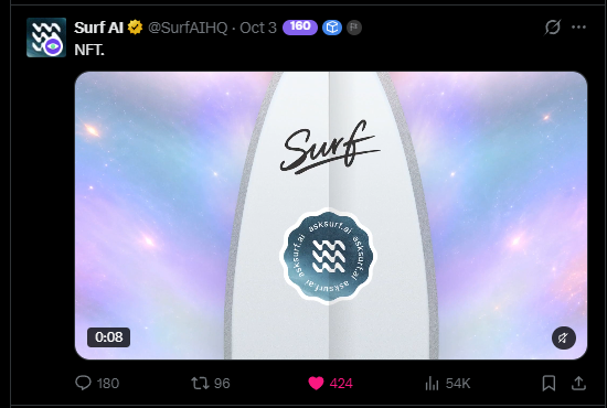 A screenshot of a tweet from Surf AI (@SurfAIHQ) posted Oct 3 showing a video thumbnail with 'Surf' written on a surfboard against a purple starry background, with 180 comments, 96 retweets, 424 likes, and 54K views.