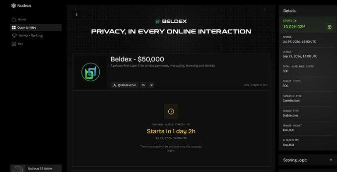 A countdown timer for the Beldex $50,000 privacy campaign on Nucleus, showing "Starts in 1 day 2h" with a launch date of July 29, 2026 at 14:00 UTC, alongside details indicating 300 available spots, 100 direct spots, Stablecoins rewards, and Top 100 eligibility.
