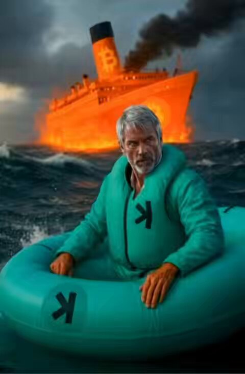The image features an older man wearing a life jacket, sitting inside a raft or inflatable tube that floats on water. The raft has a black and white design with a "K" symbol on it. In the background, there's a large cruise ship emitting smoke from its smokestack, which appears to be ablaze. The caption of the image reads: "KASPA IS A SAFE HAVEN Security of Proof of Work. Decentralized. Scale of a BlockDAG. Programmability with Toccata."