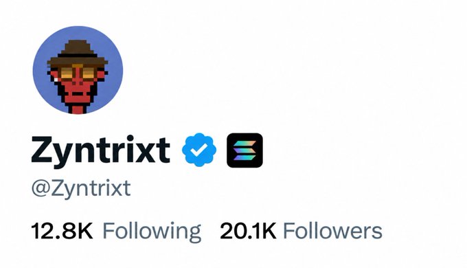 A social media profile screenshot for 'Zyntrixt' (@Zyntrixt) showing 12.8K Following, 20.1K Followers, with a pixel art avatar wearing sunglasses and a hat.