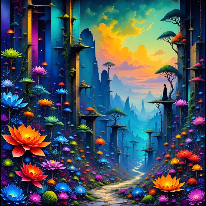 A vibrant fantasy digital artwork depicting a surreal landscape with colorful glowing flowers, towering structures, mountains, and a figure standing on a cliff at sunset.