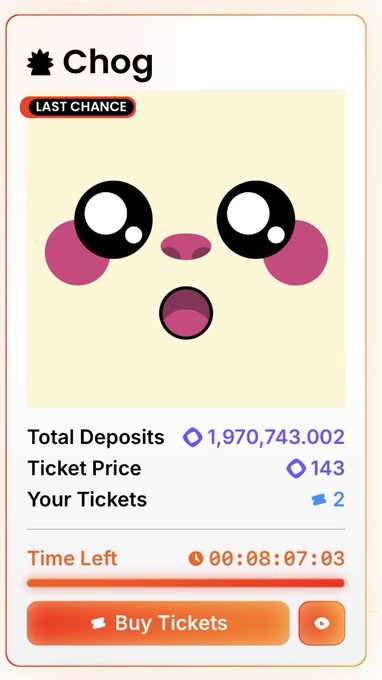 A mobile app interface for an NFT project called 'Chog' showing a cartoon face, with 'LAST CHANCE' badge, total deposits of 1,970,743.002, ticket price of 143, 2 tickets owned, and a countdown timer.