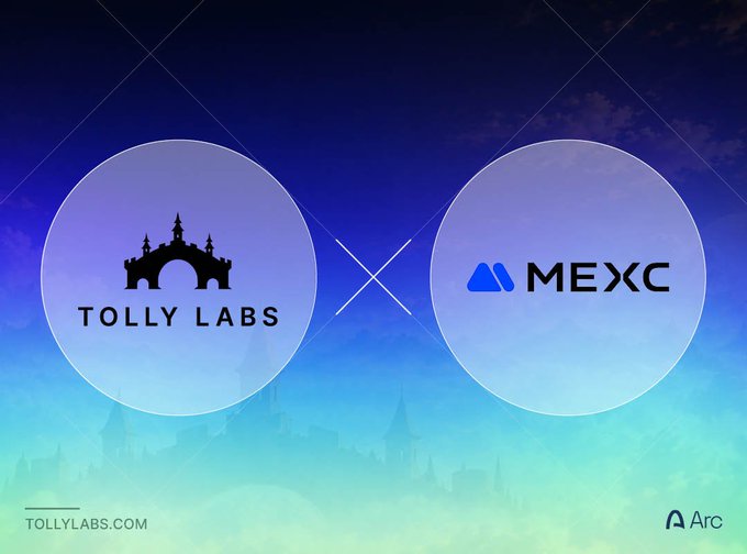 The image displays a promotional graphic featuring two circles against a purple-to-teal gradient background with a cityscape silhouette—the left circle contains the "TOLLY LABS" logo with a castle icon, and the right circle displays the "MEXC" exchange logo, separated by an "X" symbol to denote their partnership. The "Arc" logo appears in the bottom right corner, aligning with the announcement of $TOLLY's official listing and trading on the MEXC exchange.