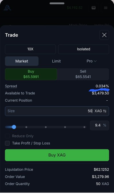 A mobile trading app interface showing a 'Trade' panel with options to buy or sell XAG (silver) at $65.5991 with a 10X leverage and $3,479.50 available to trade.