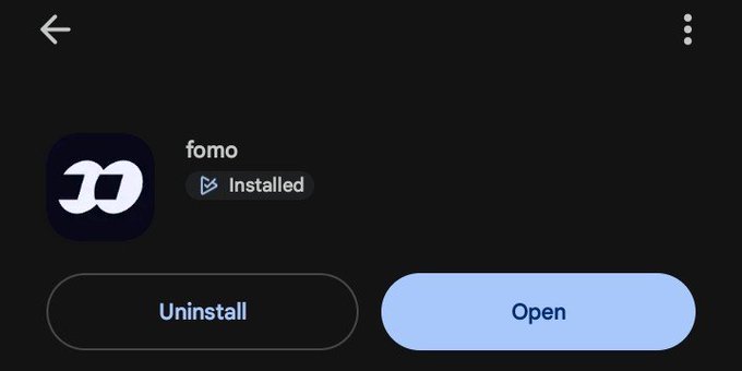 A screenshot of an app store page on a dark background showing the app 'fomo' is 'Installed', featuring a black icon with a white stylized 'F', along with 'Uninstall' and 'Open' buttons.